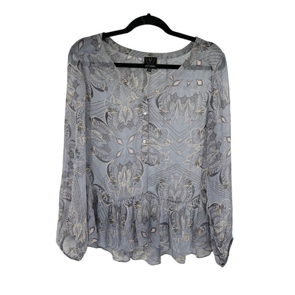 Ella Moss Blue Floral 100% Silk Sheer Blouse Womens S